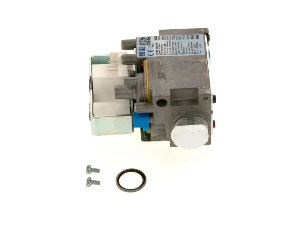 Gasarmatur von Bosch, mit einer metallischen Bauform und mehreren Anschlussstellen, samt Schrauben und einer Dichtung im Lieferumfang.
